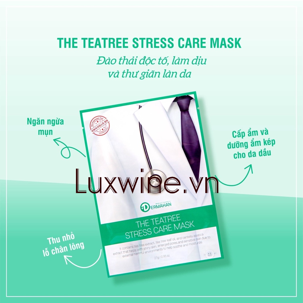 Mặt nạ tràm trà giảm mụn, thâm Dermahan The Teatree Stress Care Mask hộp 10 miếng